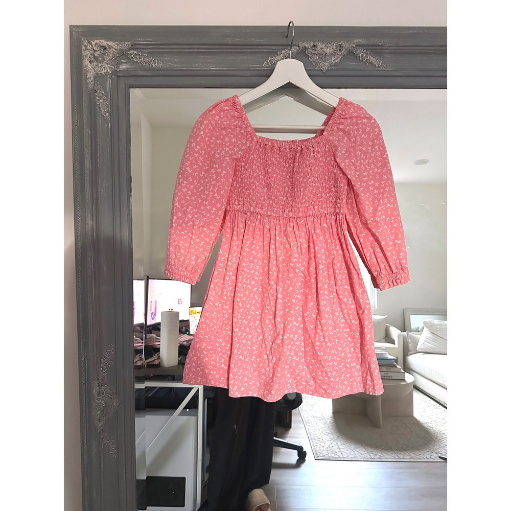 Crewcuts J.Crew Girls Cotton Pink Ditsy Floral Smocked Long Sleeve Mini Dress 7
